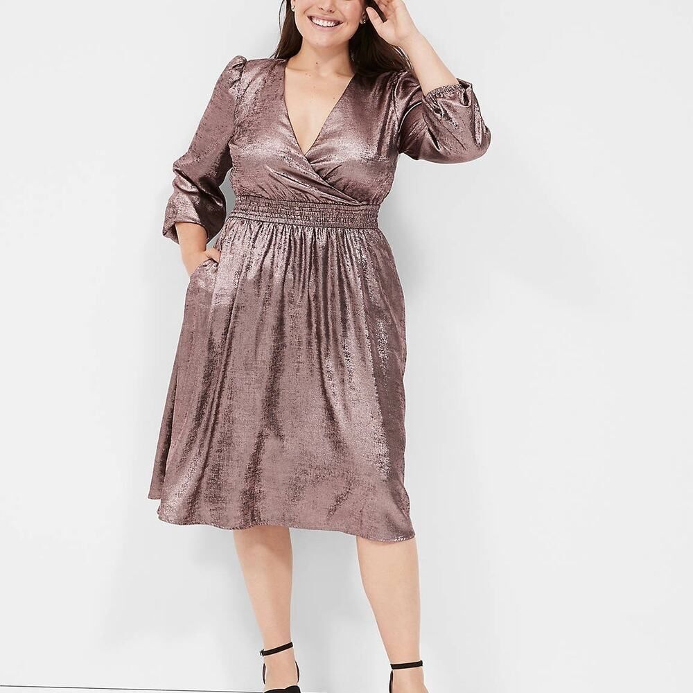 NWT Lane Bryant Rose Pink Surplice Metallic Midi Dress Size 22/24
